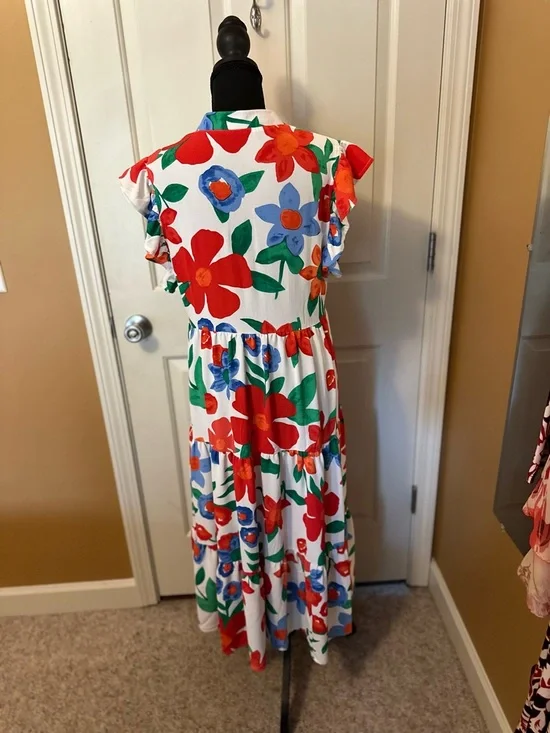 Floral Tiered Midi Dress in White with Red & Blue Blooms - Picture 3 of 9